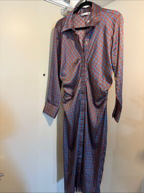 Vintage-Inspired Blue and Orange Geometric Shirt Dress